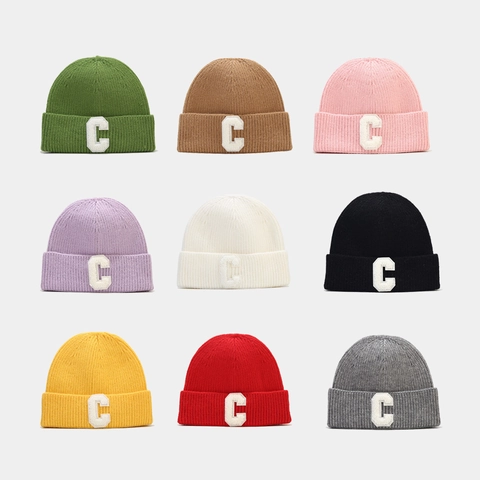 Knitted Beanie Hat Peacock Velvet Warm Winter Ribbed Varsity Letter C Patch Soft Slouchy Skull Cap Women Men