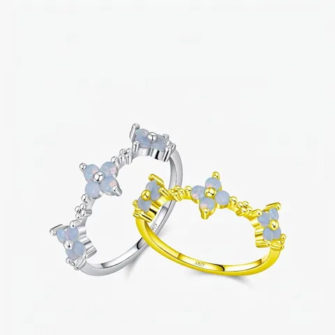 925 Sterling Silber Blumen Ring Mit Hellblauen Opal Glücksklee Design Eleganter Süßer Schmuck Für Damen