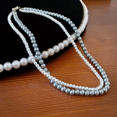 Doppelschichtige Künstliche Perlenhalskette Imitationsperlen Legierung Zweifarbig Weiß Grau Choker Retro Elegant Schlüsselbeinkette Für Frauen