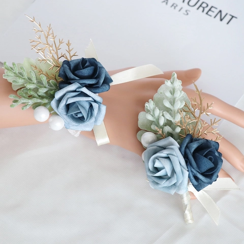Künstliche Rose Hochzeit Ansteckblume Und Handgelenk Corsage Smoky Blue PE Satin Blume Mit Künstliche Perle Band Für Bräutigam Braut