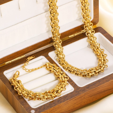 Grobe Geflochtene Gliederkette Und Armband 18K Vergoldeter Edelstahl Hip Hop Retro Schmuck Für Damen