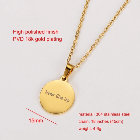 Collar De Colgante Redondo Grabado Never Give Up Acero Inoxidable Joyería Inspiradora Accesorio De Moda Hombre Mujer