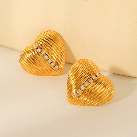 Pendientes De Botón Corazón Acero Inoxidable Chapado Oro 18K Textura Vertical Incrustaciones Strass Joyas Para Mujeres