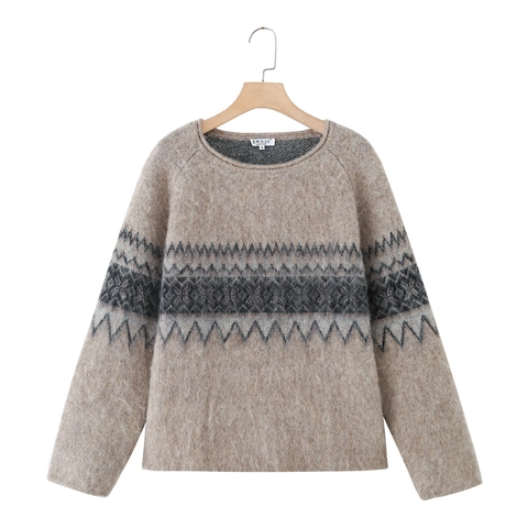 Suéter De Punto De Manga Larga Con Cuello Redondo Para Mujer Jacquard Geométrico De Zigzag De Cachemira