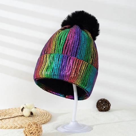 Women's Metallic Foil Knit Beanie Hat With Artificial Fur Pompom Warm Winter Cuffed Beanie Gold Silver Striped Beanie Accessory