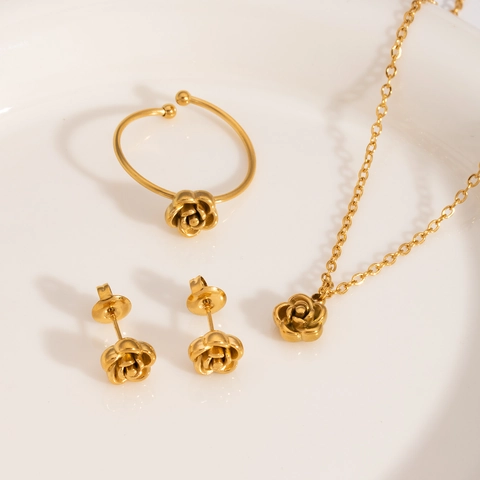 Rose Flower Necklace Earrings Ring Bracelet 304 Stainless Steel PVD Gold Plated Women Elegant Waterproof Hypoallergenic
