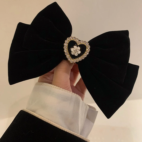 Französisch Vintage Schwarz Samt Große Schleife Haarklammer Mit Strass Herz Kamelie Für Damen Elegante Party Haarschmuck