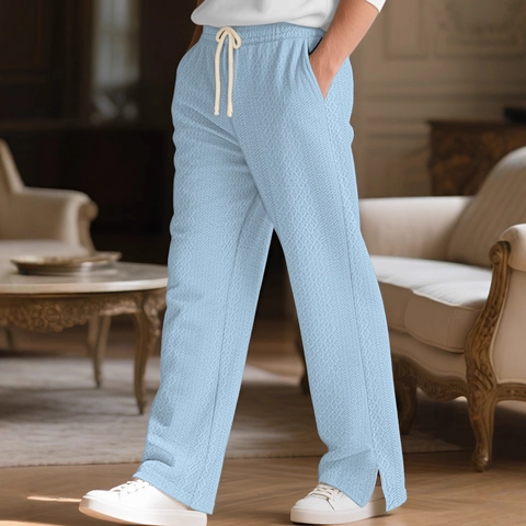 Pantaloni Casual Uomo Gamba Dritta Maglia Jacquard Trama Nido D'Ape Coulisse Vita Elastica Spacco Laterale Traspirante