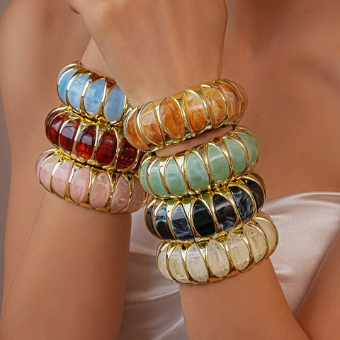 Chunky Stretch Bracelet Acrylic Resin Geometric Diamond Marble Texture Retro Exaggerated Metal Alloy Fashion Jewelry