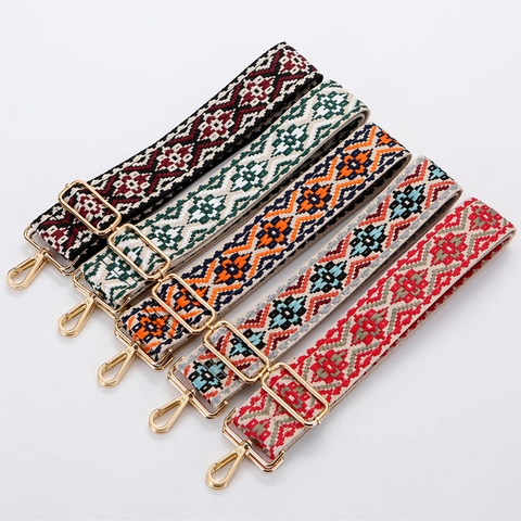 Bag Strap Canvas Wide Adjustable Thick Fabric Ethnic Bohemian Jacquard Replacement Crossbody Handbag Accessories Metal Hook