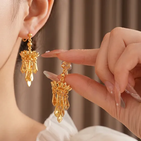 Boucles Oreilles Pampilles Feuille Lotus Cuivre Plaqué Or Avec Tige Argent 925 Style Chinois Vintage Bijoux
