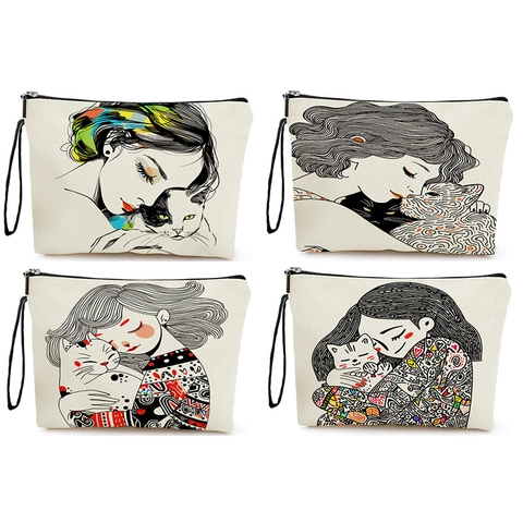 Makeup Bag Linen Cosmetic Pouch With Zipper Wristlet Strap Girl Cat Print Artistic Design Travel Organizer For Women