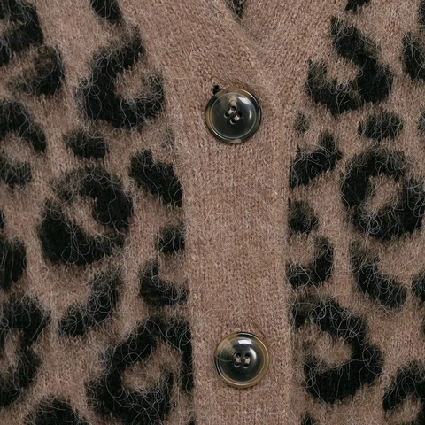Cárdigan De Poliéster Para Mujer Con Estampado De Leopardo Cuello En V Abotonado Suelto Punto Esponjoso Retro Casual