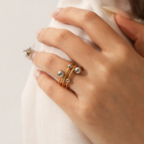 Multi-Layer Spiralring Edelstahl Zweifarbige Gold Silber Kugel Perle Offen Minimalistischer Schmuck Für Frauen