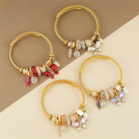 Butterfly Crystal Charm Bangle Stainless Steel Adjustable Beaded Twisted Cable Bracelet Fashion Jewelry For Women