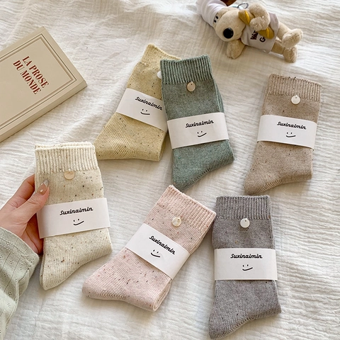 Women Crew Slouch Socks Breathable Cotton Knit Colorful Speckled Pattern Shell Button Decor Japanese Retro Style
