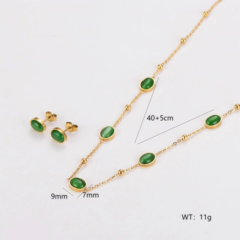 Ensemble Collier Et Boucles D'oreilles Pierre Oeil De Chat Verte Ovale Vintage Bijoux En Acier Inoxydable Plaqué Or 18K Pour Femmes