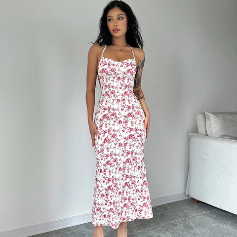 Sexy Midi-Jurk Met Bloemenprint Open Rug Halshals Mouwloos Zijsplit Polyester Spandex Zomervakantie A-Lijn Voor Dames