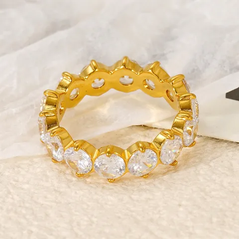 Bague Éternité Plaqué Or 18K Acier Inoxydable Zircon Rond Cercle Complet Inlay Mode Simple Anneau Pour Femmes