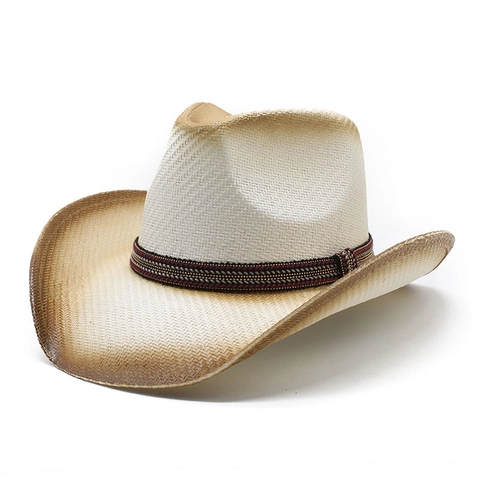 Vintage Western Cowboy Straw Hat With Ethnic Band Painted Gradient Wide Brim Sunshade Beach Hat For Men Women