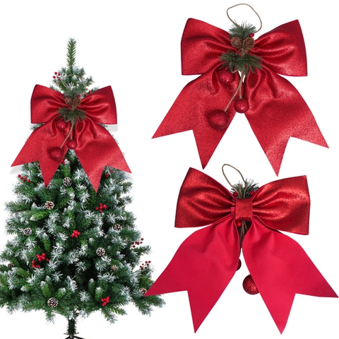 Large Christmas Bow Ornament Red Glitter Polyester Fabric With Natural Pinecone Pine Needle Berry Holiday Tree Hanging Decoration