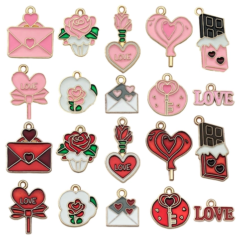 Valentine's Day Enamel Zinc Alloy Heart Charms DIY Jewelry Pendants Romantic Pink Red Rose Envelope Key Pendant Craft For Women