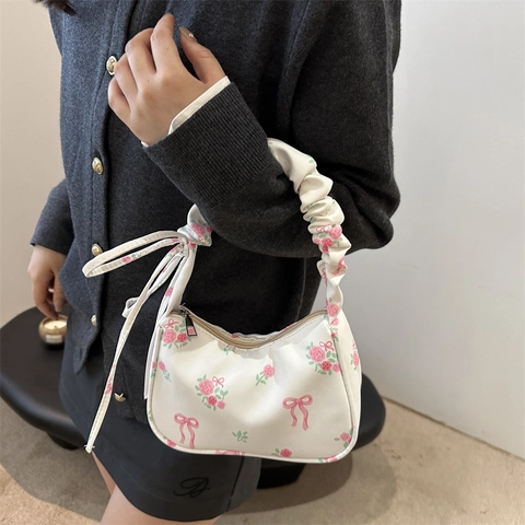 Bolso de Axila de Lona con Estampado Floral Dulce para Mujer Lazo Fruncido Bolso de Hombro Casual Moda Rosa Tote Bolso Diario