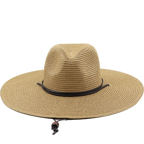 Wide Brim Straw Panama Hat Sun Protection Fedora With Adjustable Windproof Rope Western Cowboy Style Summer Beach Hat
