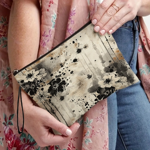 Borsa Per Cosmetici Con Motivo Floreale Inchiostro Pochette Trucco In Lino Fine Cerniera Cinturino Da Polso Organizer Da Viaggio