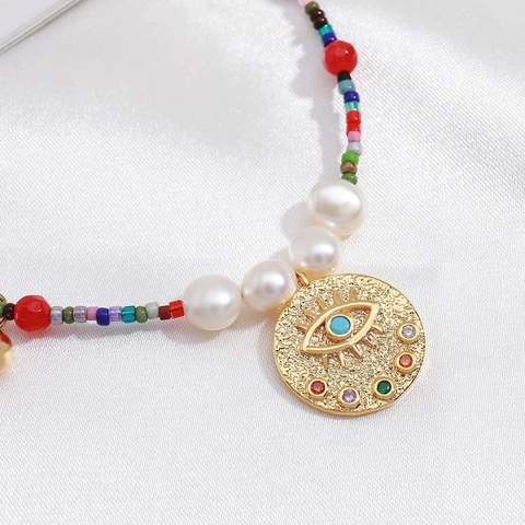 Evil Eye Anhänger Halskette Boho Süßwasserperle Bunte Perlen Kupfer Vergoldet Schmuck Damen