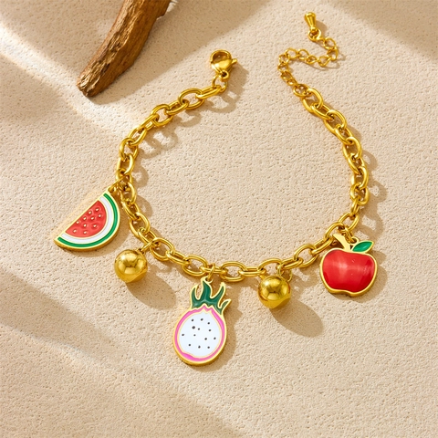 Bracelet Pendentif Fruits D'été Acier Inoxydable Plaqué Or Pastèque Pitaya Pomme Bijoux En Émail Pour Femmes