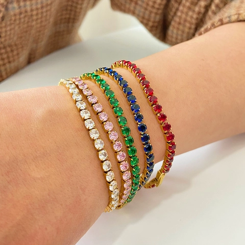 Pulsera Tennis Zirconia Redonda Acero Inoxidable Chapado Oro 18K Impermeable Hipoalergénica Joyería Elegante Para Mujer