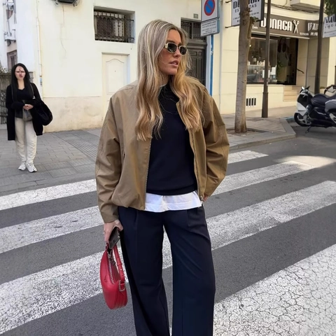 Women Casual Bomber Jacket Loose Zipper Up Windbreaker Polyester Solid Color Flap Pocket Streetwear Outerwear Coat