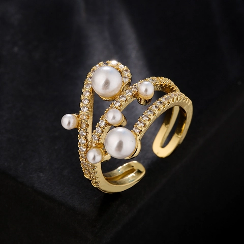 Anello Regolabile Geometrico Aperto Rame Placcato Oro 18K Zirconia Perla Artificial Imitazione Irregolare Gioielli Moda Donna