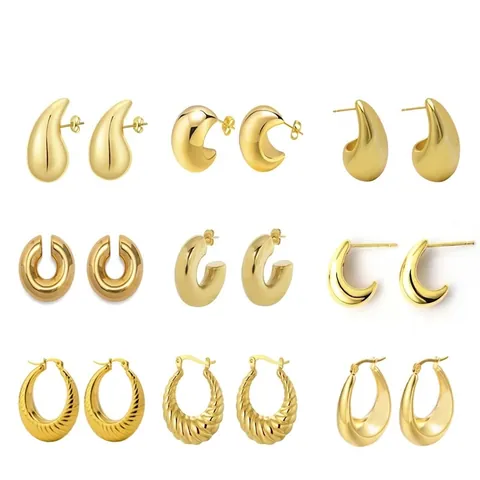 Chunky Hoop Earrings Stainless Steel 18K Gold Plated Water Drop C-Shaped Geometric Retro Style For Women