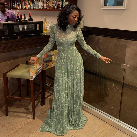 Women Mock Neck Long Sleeve Maxi Dress Leaf Print Sheer Mesh Waist Cinching Vintage A Line Elegant