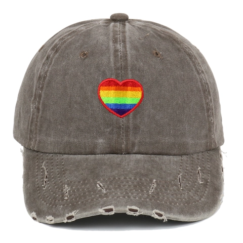 Casquette De Baseball En Coton Lavé Distressed Broderie Coeur Arc-En-Ciel Rétro Hip Hop Ajustable Chapeau Soleil