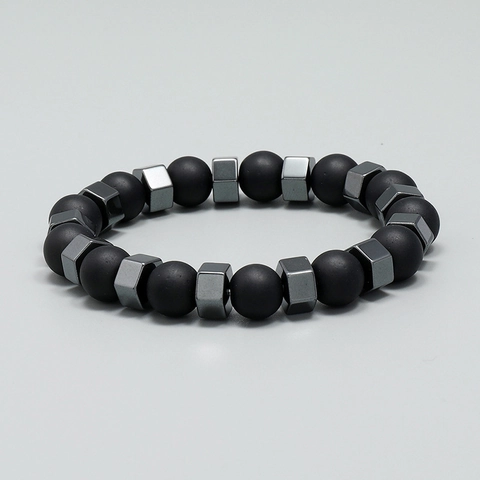 Hematite Glass Beaded Bracelet Unisex Matte Black Beads Hexagonal Alloy Spacers Elastic Wristband Industrial Style Retro