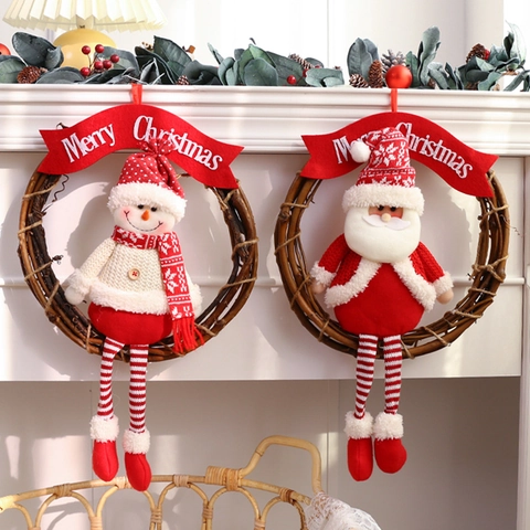 Handmade Rattan Christmas Wreath Pendant Santa Claus Snowman Reindeer Hanging Decor For Door Wall Holiday Home Decoration