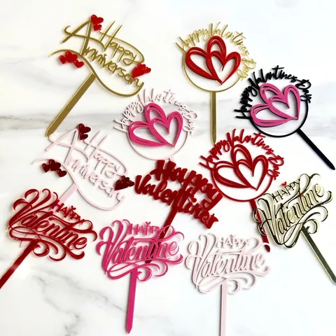 Acrylic Cake Topper Happy Valentine's Day Anniversary Heart Decoration Mirror Gold Pink Double Layer Party Supplies Wedding