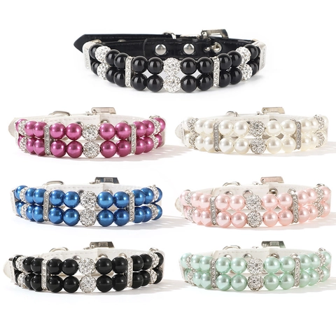 Luxury Imitation Artificial Pearl Rhinestone Pet Collar And Matching Leash Adjustable PU Leather Accessory For Cats Small Dogs