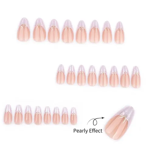 Unghie Press On Mandorla Rosa Nude Punte French Perla Artificialte Con Fiocco Bianco Eleganti Unghie Finte Lunghe Per Donna