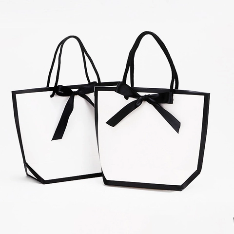 Bolsa de Regalo de Papel Blanco Minimalista Con Lazo de Cinta Negro Y Borde Bolso Grande para Ropa Boda Fiesta Embalaje