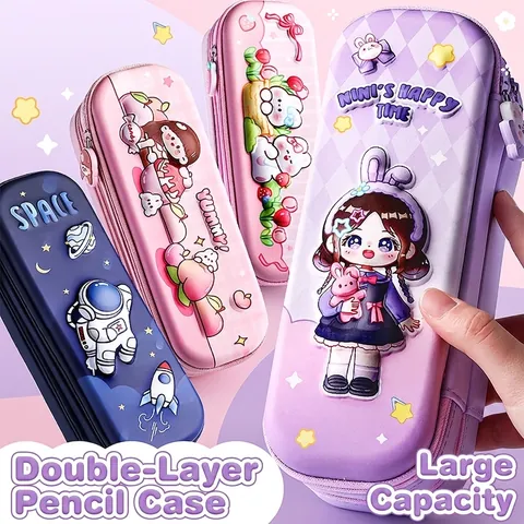 3D Embossed Cartoon Pencil Case Double Layer Large Capacity EVA Waterproof Stationery Organizer For Students School Kids