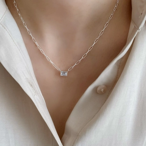 Collana In Argento Sterling 925 Per Donna Con Pendente Rettangolare In Zircone Taglio Smeraldo Catena A Graffetta Gioielli Minimalisti