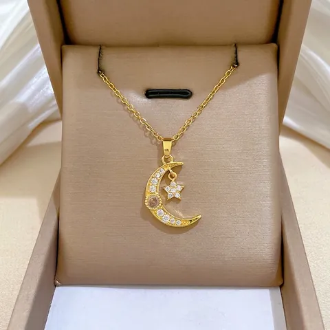 Moon Star Pendant Necklace Titanium Steel Chain Copper Micro Inlaid Zircon Gold Plated Elegant Jewelry For Women