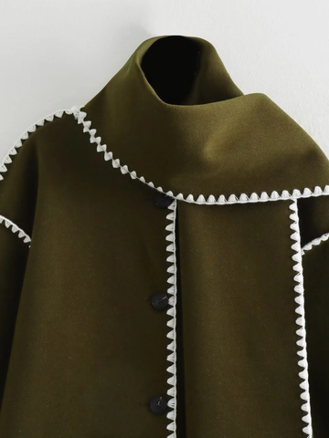 Women's Scarf Collar Woolen Jacket Contrast Stitching Tassel Scarf Coat Loose Outerwear Casual Single Breasted Outerwear