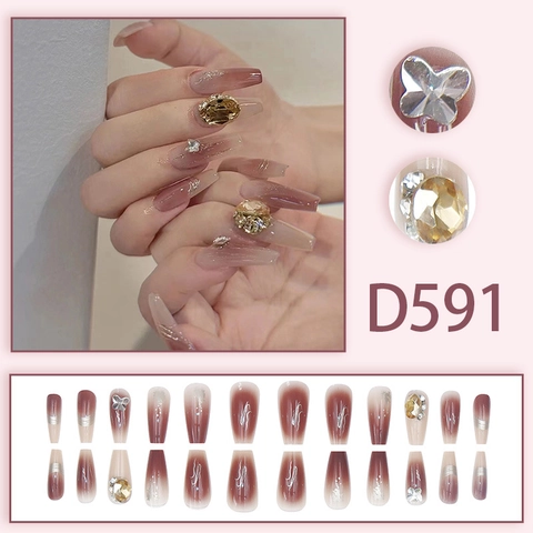 Uñas Postizas Largas Forma Ataúd Degradado Marrón Diseño Smudge Con Mariposa 3D Y Diamantes De Imitación Reutilizables