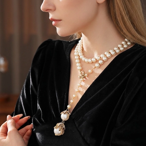 Vintage French Double Layer Imitation Artificial Pearl Necklace Flower Bird Alloy Rhinestone Y-Shape Pendant Women Elegant Jewelry