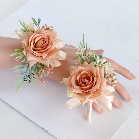 Künstliche Rose Ansteckblume Und Handgelenk Corsage Satinnblume Mit Goldbeeren Band Für Hochzeitsfeier Bräutigam Braut Elegant